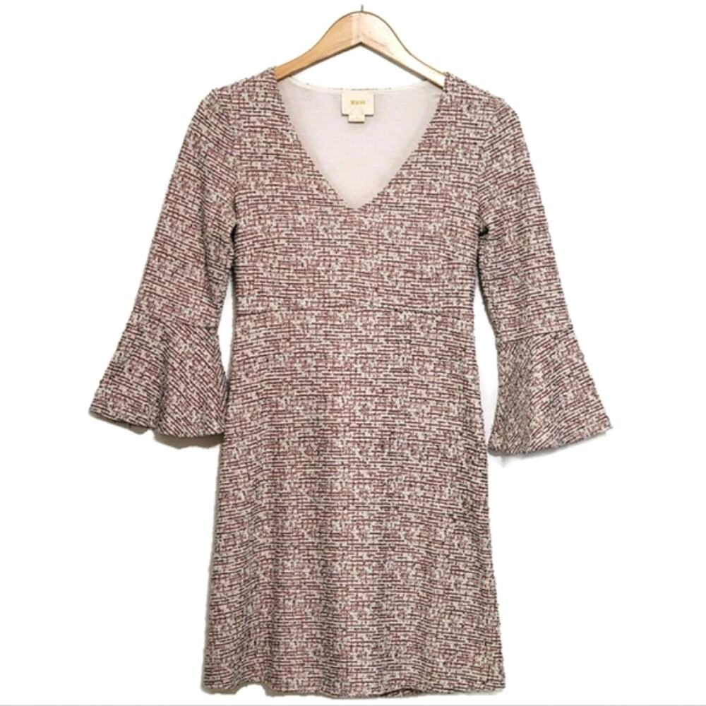 Anthropologie Maeve Tweed V Neck Bell Sleeve Red Black A Line Mini Dress Size XS